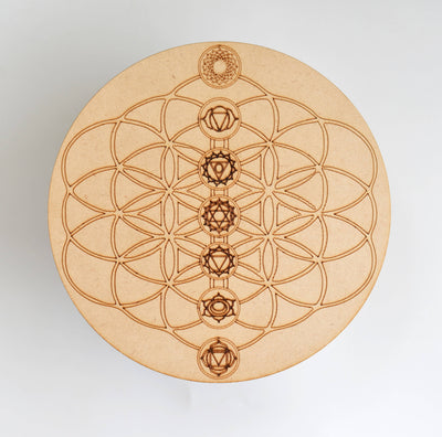 Tree of Life with Om Crystal Grid Board, 6" Wooden Crystal Grid Plate