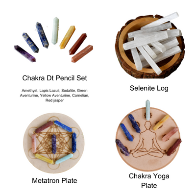 Chakra Crystals Points Set, 7 Chakra Stones Point Set with Wooden Grid Plate, Selenite Log