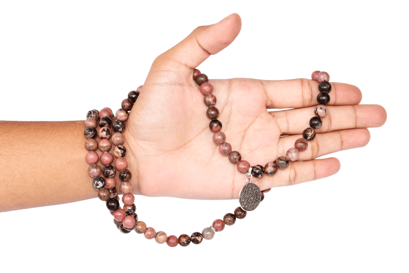 Rhodonite Beads Mala Bracelet, 108 Prayer Beads Necklace (Balances yin-yang and Compassion)