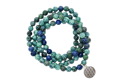 Azurite Malachite Beads Mala Bracelet, 108 Prayer Beads Necklace (Trauma and Calming)