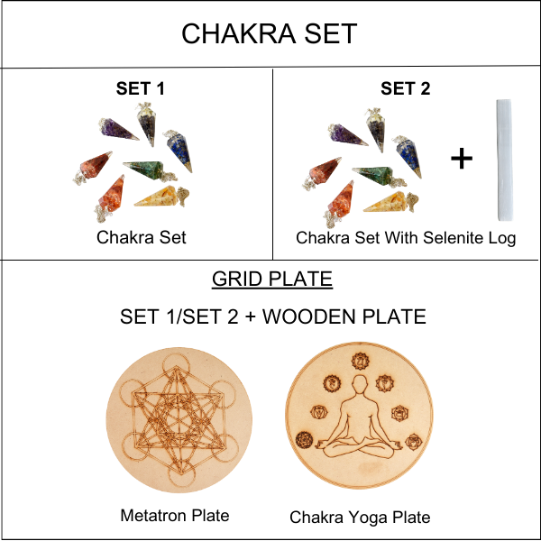 Chakra Crystals Orgone Pendulums Set, with Wooden Grid Plate, Selenite Log