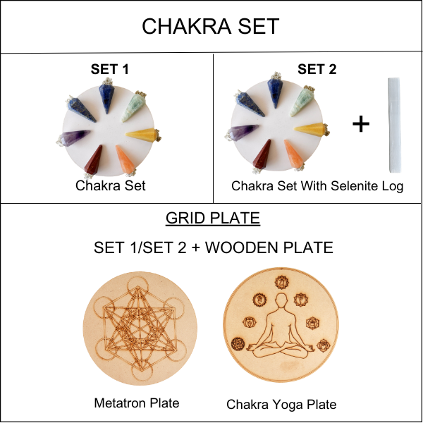 Seven Chakra Crystal Pendulum with Wooden Grid Plate, Selenite Log