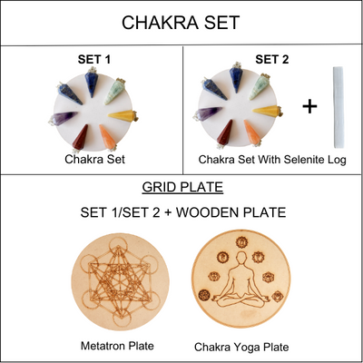 Seven Chakra Crystal Pendulum with Wooden Grid Plate, Selenite Log