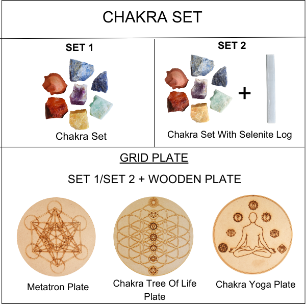 Chakra Crystals Set, 7 Chakra Rough Stones Set, Wooden Grid Plate, Selenite Log