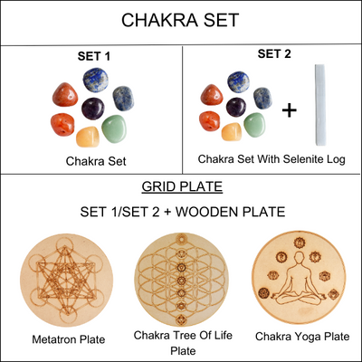 Chakra Tumbled Crystals Set, 7 Chakra Stones Set,  Wooden Grid Plate, Selenite Log