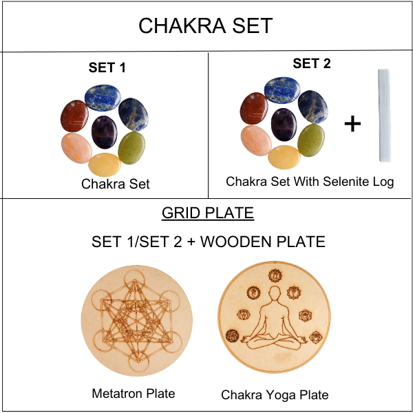 7 Chakra Crystals Worry Stones Set with Wooden Grid Plate, Selenite Log