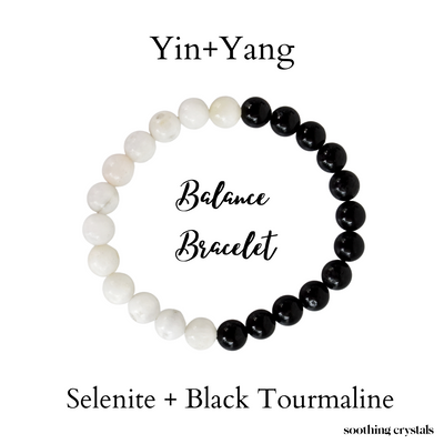 Yin Yang Balance Crystal Bracelet, Selenite, Black Tourmaline Crystal Healing Spiritual Support Balance