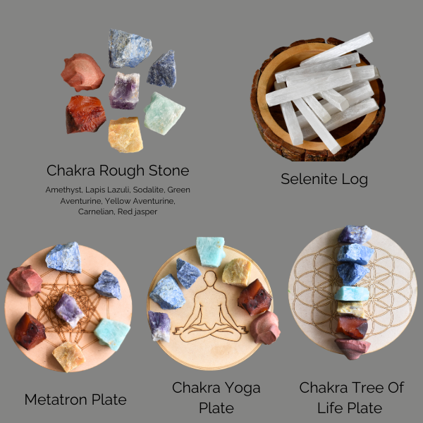 Chakra Crystals Set, 7 Chakra Rough Stones Set, Wooden Grid Plate, Selenite Log