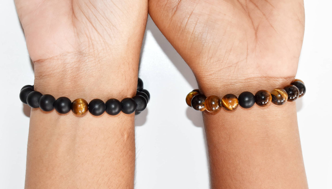 Tiger Eye Black Onyx Matt Couple Bracelets, Anniversary Gift (Focus and Creativity)