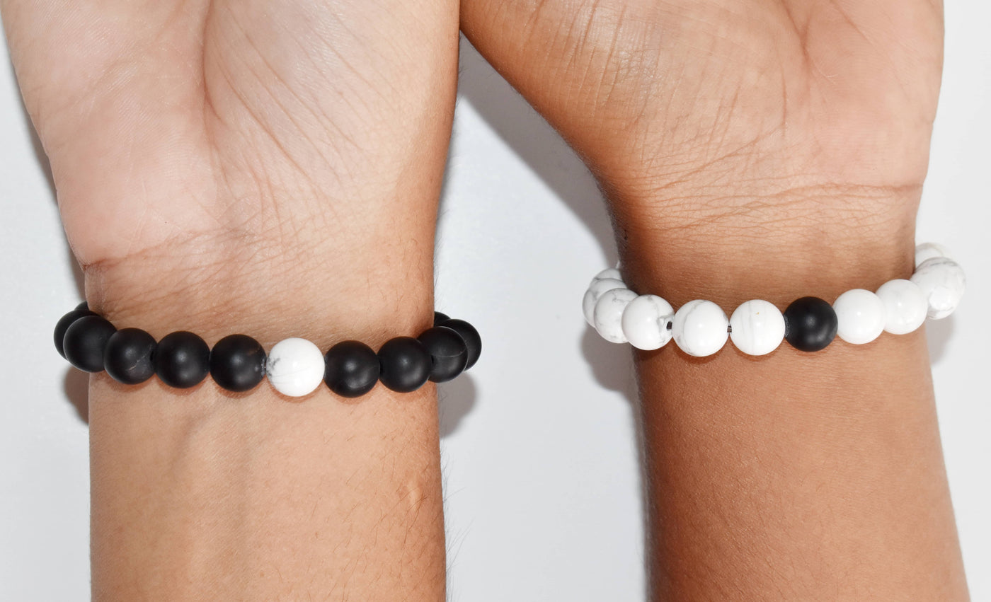 Black Onyx Matt Howlite Couple Bracelets, Anniversary Gift (Confidence and Balance)