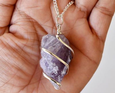 Amethyst Raw Gemstone Pendant, Wire Wrapped Crystal Stone Pendant