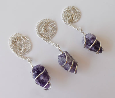 Amethyst Raw Gemstone Pendant, Wire Wrapped Crystal Stone Pendant