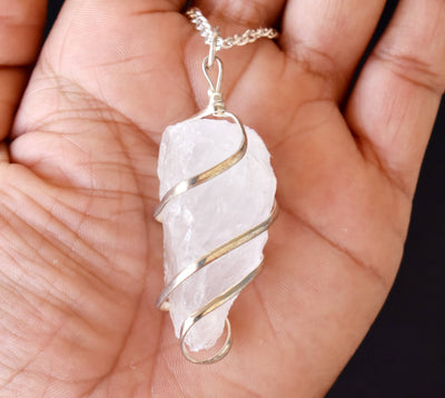 Crystal Quartz Raw Gemstone Pendant, Wire Wrapped Crystal Stone Pendant