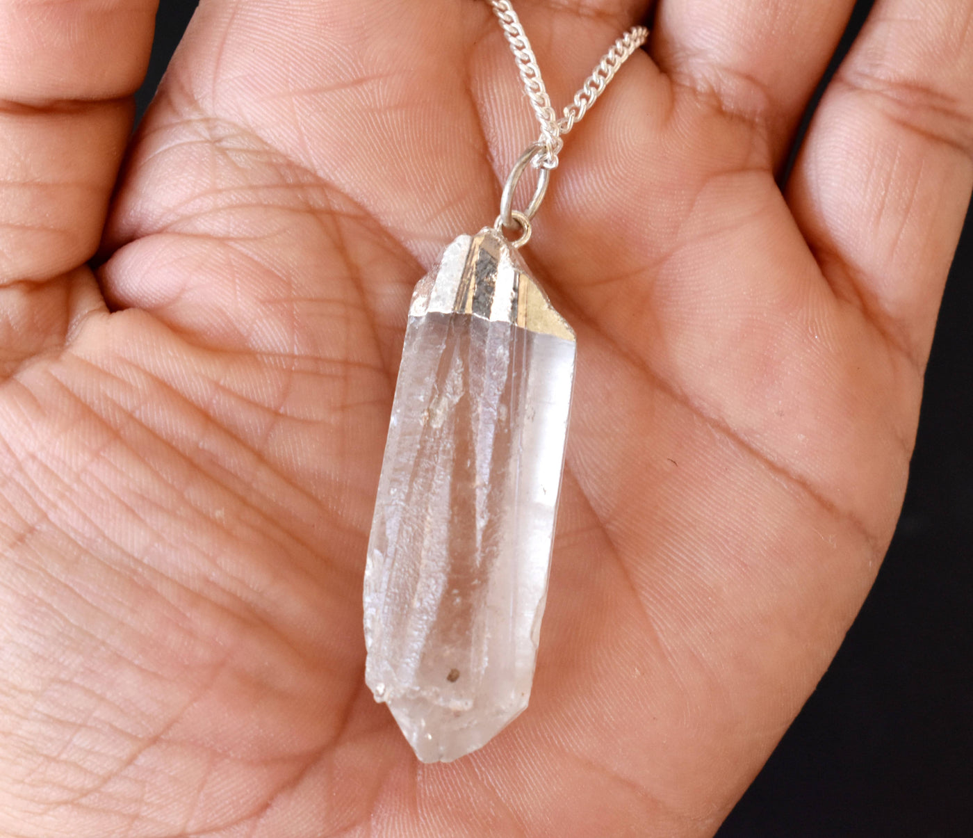 Clear Quartz Rough Stone Pendants, Electroplated Silver Real Crystal Necklaces