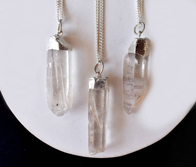 Clear Quartz Rough Stone Pendants, Electroplated Silver Real Crystal Necklaces