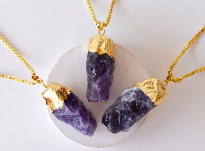 Amethyst Rough Stone Pendants, Natural Gemstone Electroplated Gold Necklaces.