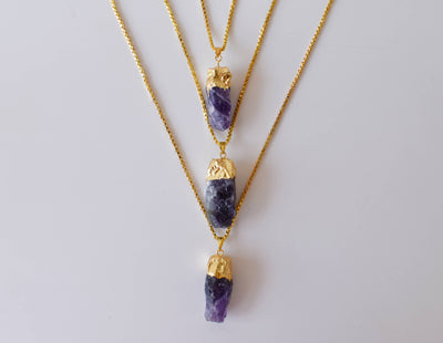 Amethyst Rough Stone Pendants, Natural Gemstone Electroplated Gold Necklaces.