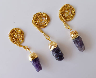 Amethyst Rough Stone Pendants, Natural Gemstone Electroplated Gold Necklaces.