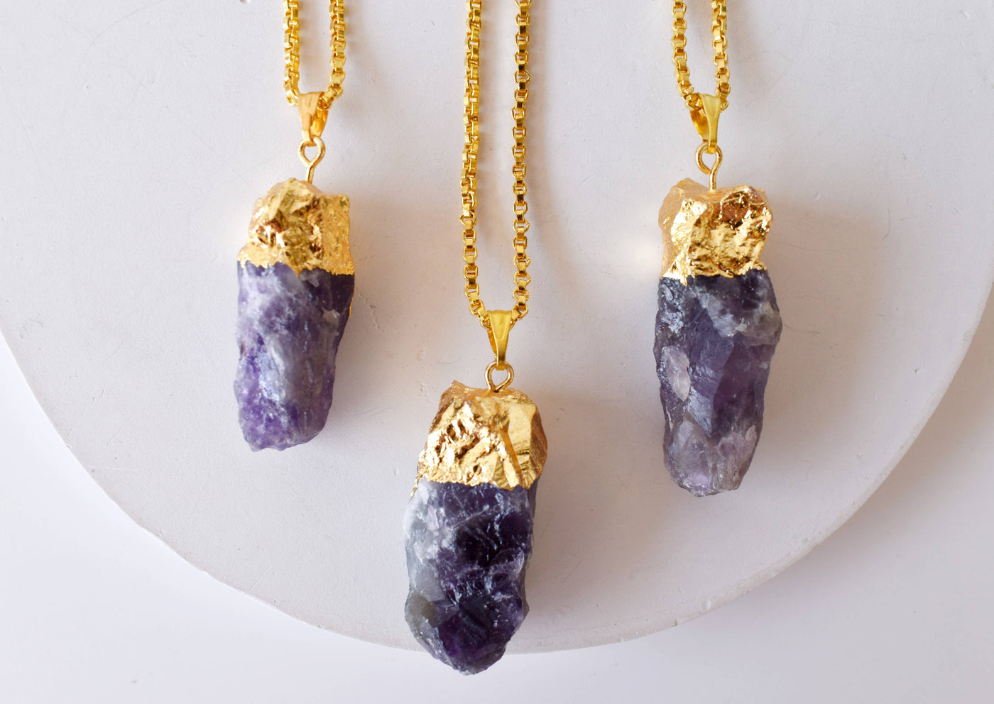 Amethyst Rough Stone Pendants, Natural Gemstone Electroplated Gold Necklaces.