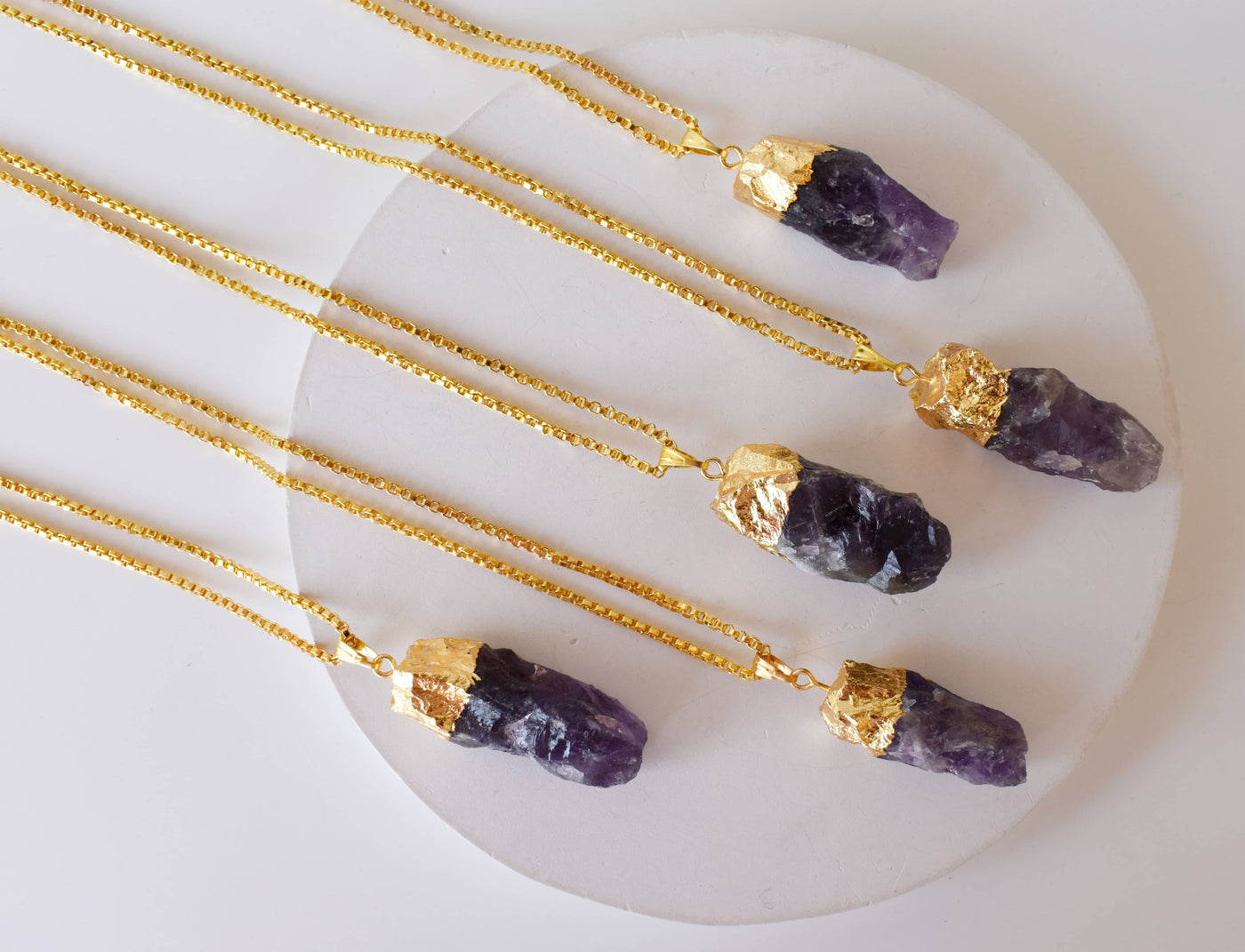 Amethyst Rough Stone Pendants, Natural Gemstone Electroplated Gold Necklaces.