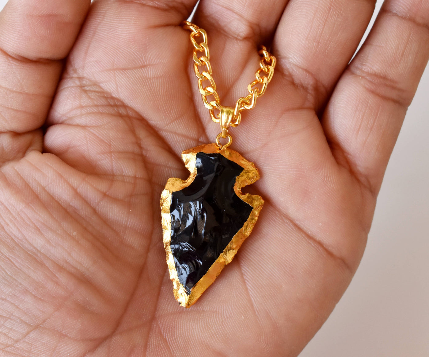 Black Obsidian Arrowhead Pendant ~ Electroplated Gold Crystals Pendants with Chain