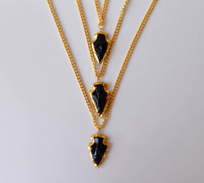 Black Obsidian Arrowhead Pendant ~ Electroplated Gold Crystals Pendants with Chain