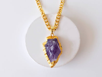 Amethyst Arrowhead Pendant, Electroplated Gold Crystals Pendants with Chain