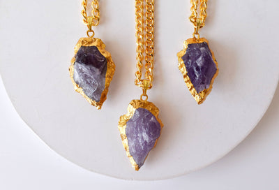 Amethyst Arrowhead Pendant, Electroplated Gold Crystals Pendants with Chain