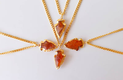 Carnelian Arrowhead Pendant, Electroplated Gold Crystals Pendants with Chain