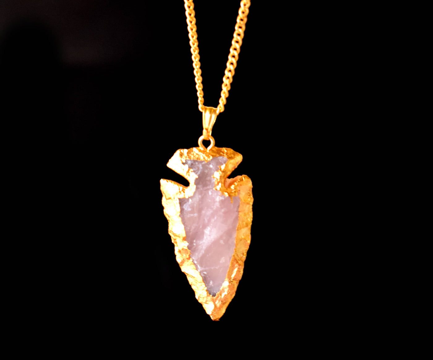 Rose Quartz Arrowheads Pendants, Electroplated Gold Crystals Pendants with Chain