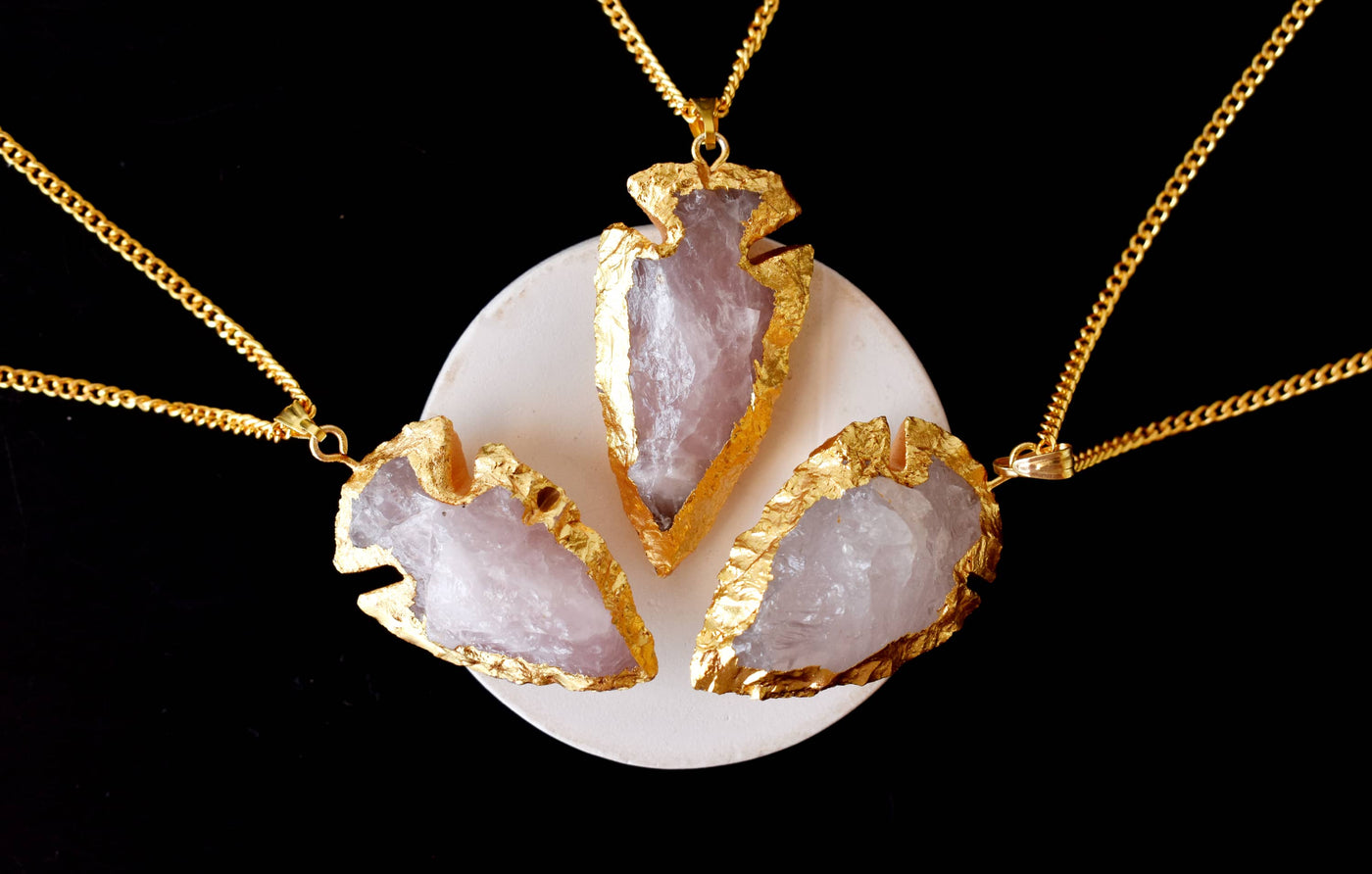 Rose Quartz Arrowheads Pendants, Electroplated Gold Crystals Pendants with Chain