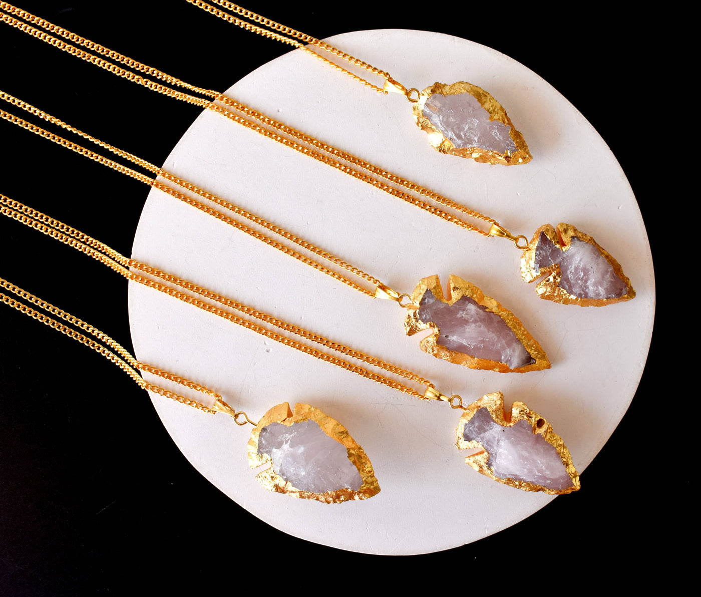 Rose Quartz Arrowheads Pendants, Electroplated Gold Crystals Pendants with Chain