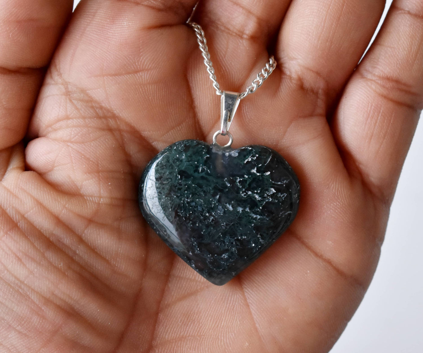 Real Moss Agate Crystal Heart Pendant, Genuine Heart Shaped Necklaces, Polished Gemstone Charm