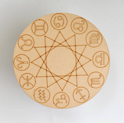 Engraved Zodiac Signs Crystal Grid Board, 6" Wooden Crystal Grid Plate