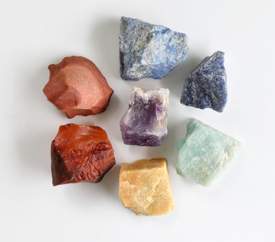 Chakra Crystals Set, 7 Chakra Rough Stones Set, Wooden Grid Plate, Selenite Log