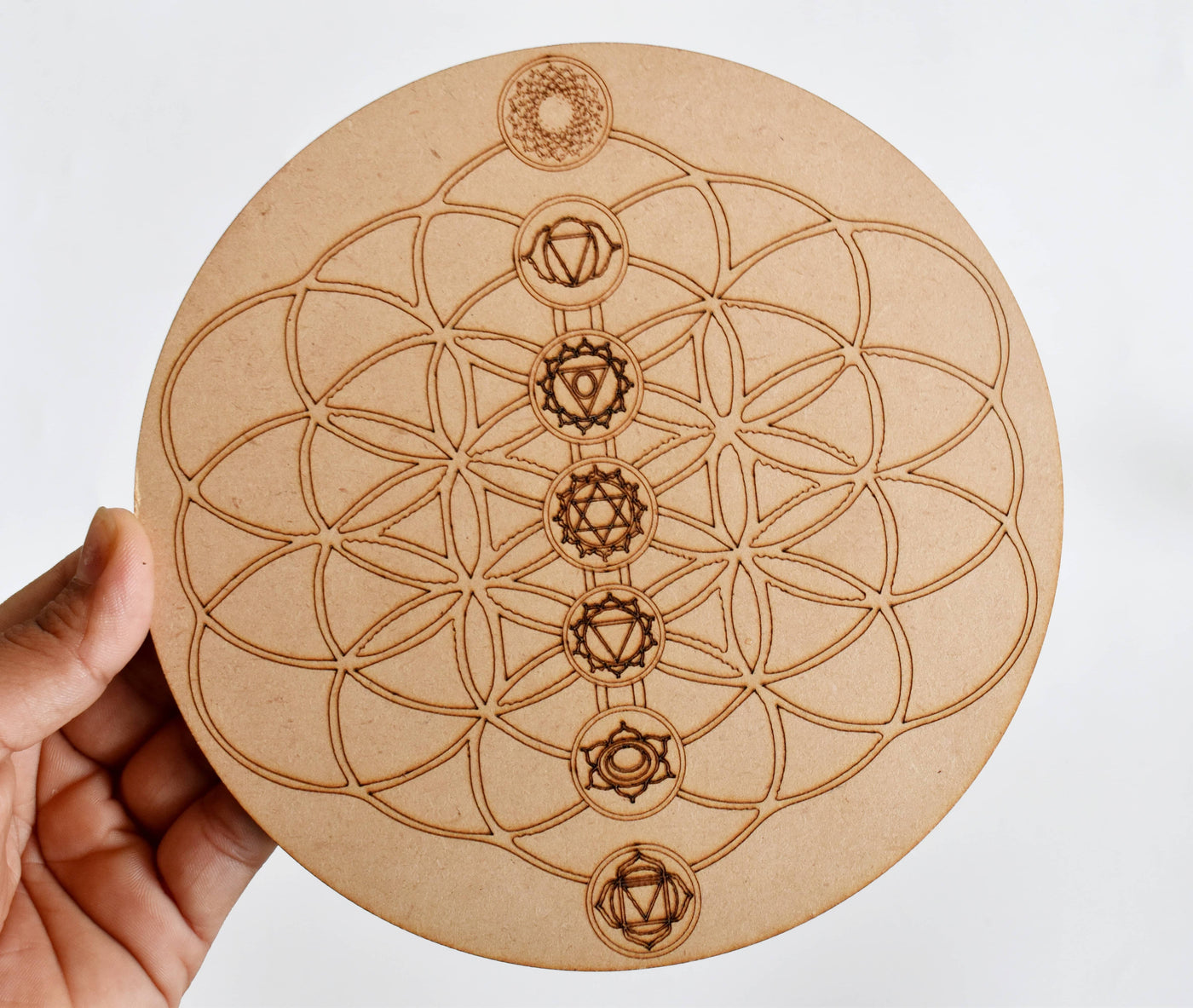 Tree of Life with 7 Chakras Crystal Grid Board, 6" Wooden Crystal Grid Plate