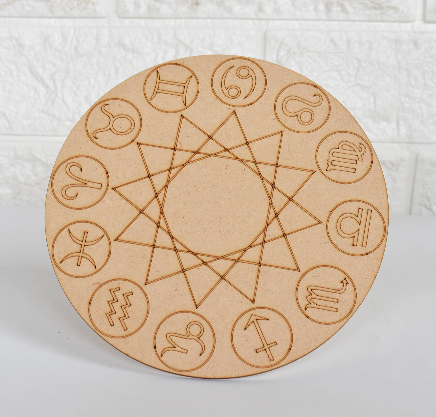 Engraved Zodiac Signs Crystal Grid Board, 6" Wooden Crystal Grid Plate