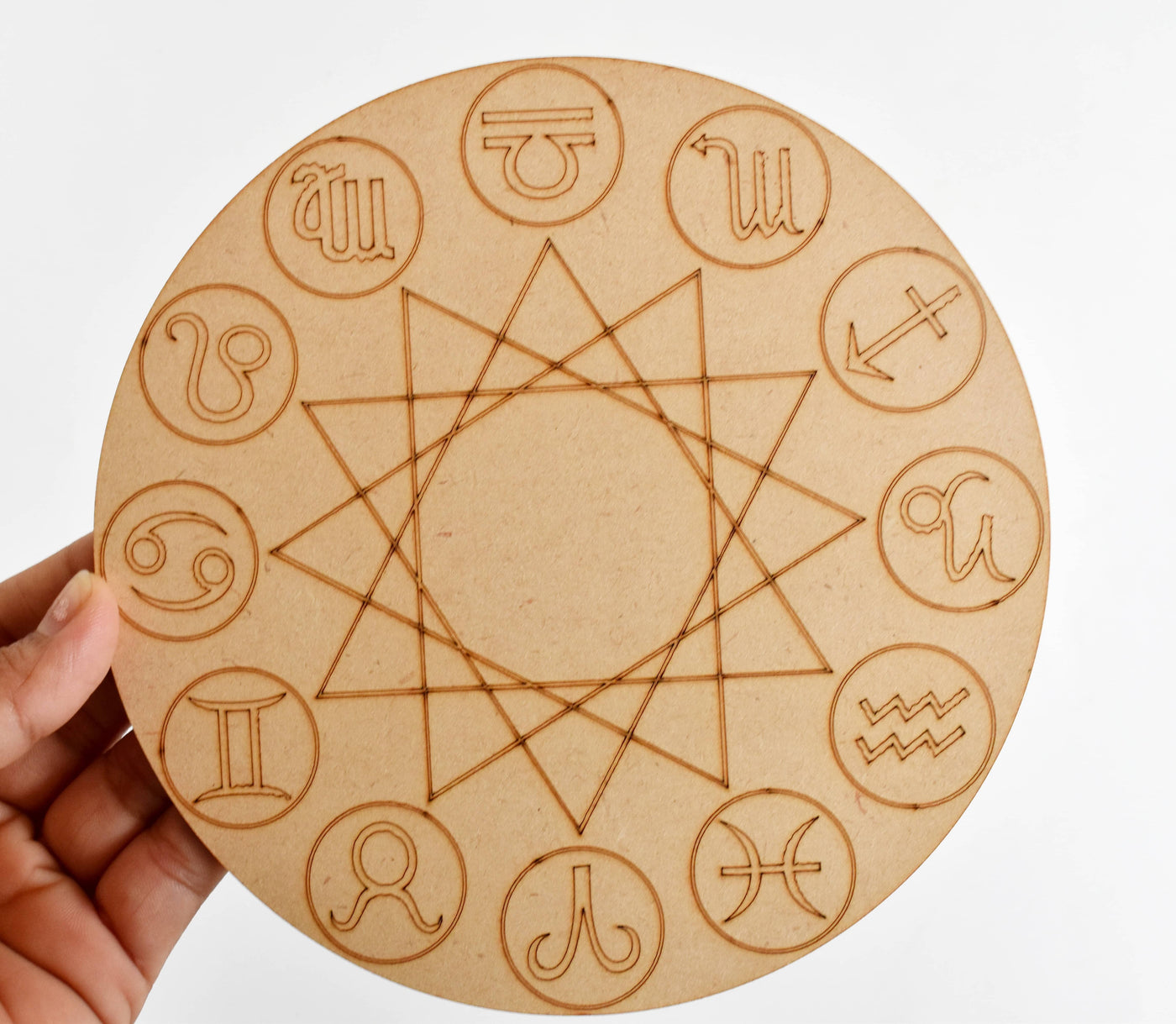 Engraved Zodiac Signs Crystal Grid Board, 6" Wooden Crystal Grid Plate