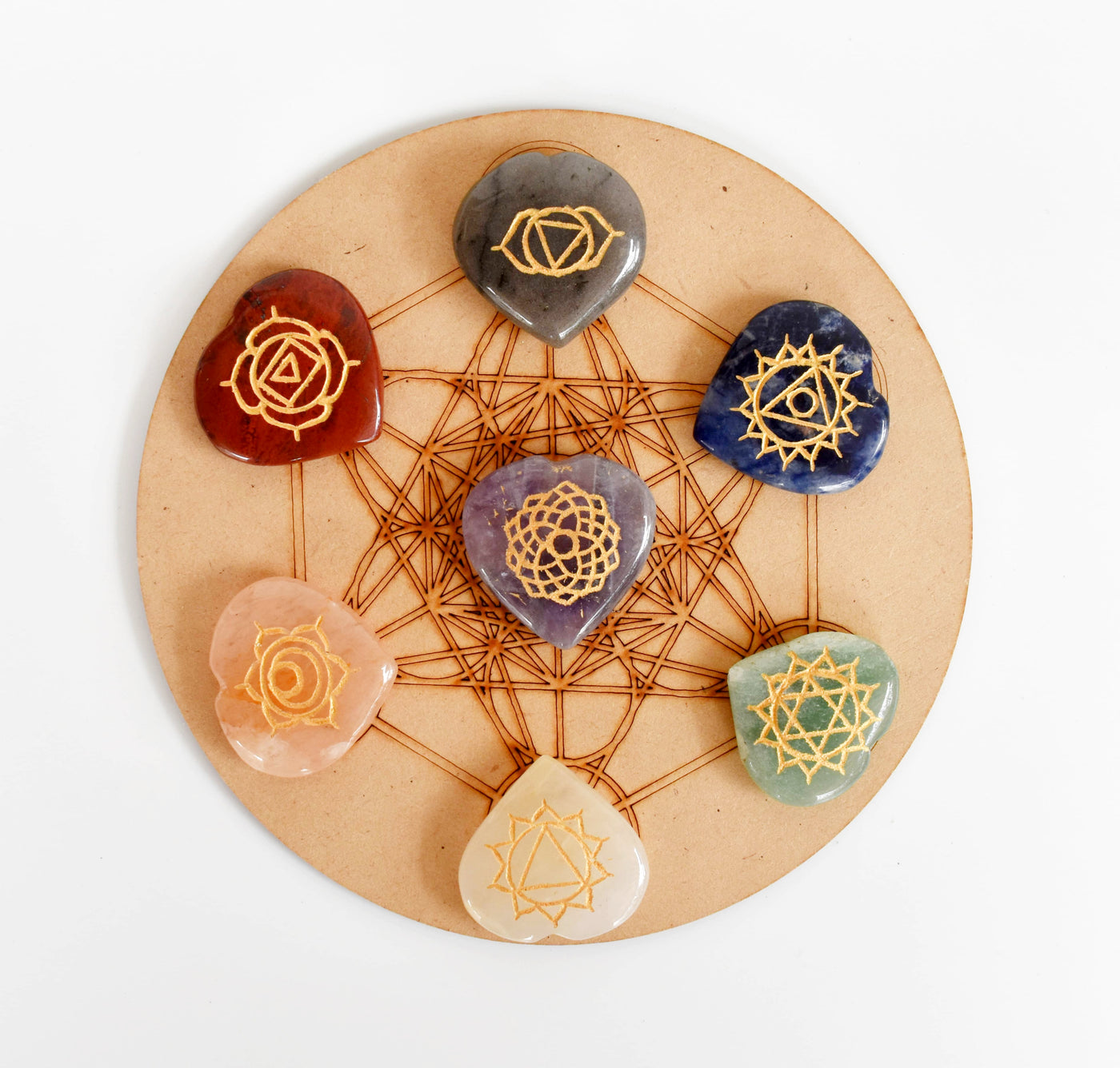 Chakra Crystals Set, Heart Shaped Reiki 7 Chakra Stones Set, Wooden Grid Plate, Selenite Log