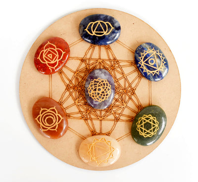 Chakra Crystals Set, Oval Reiki 7 Chakra Stones Set, Wooden Grid Plate, Selenite Log