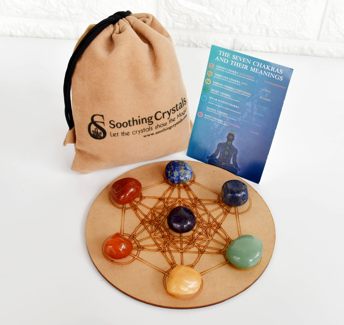 Chakra Tumbled Crystals Set, 7 Chakra Stones Set,  Wooden Grid Plate, Selenite Log