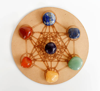 Chakra Tumbled Crystals Set, 7 Chakra Stones Set,  Wooden Grid Plate, Selenite Log