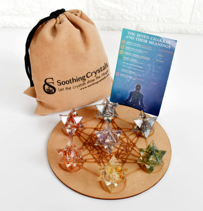 7 Chakra Orgone Merkaba Set,  Chakra Crystals Set with Wooden Grid Plate, Selenite Log