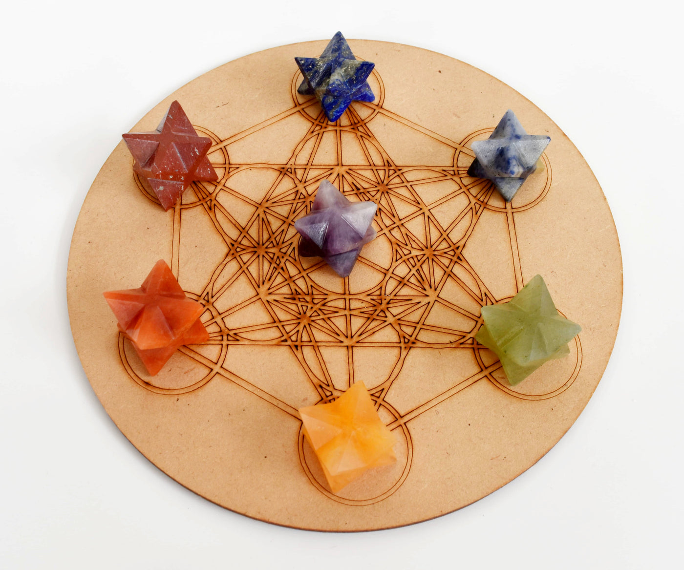 7 Chakra Merkaba Set,  Chakra Crystals Set with Wooden Grid Plate, Selenite Log