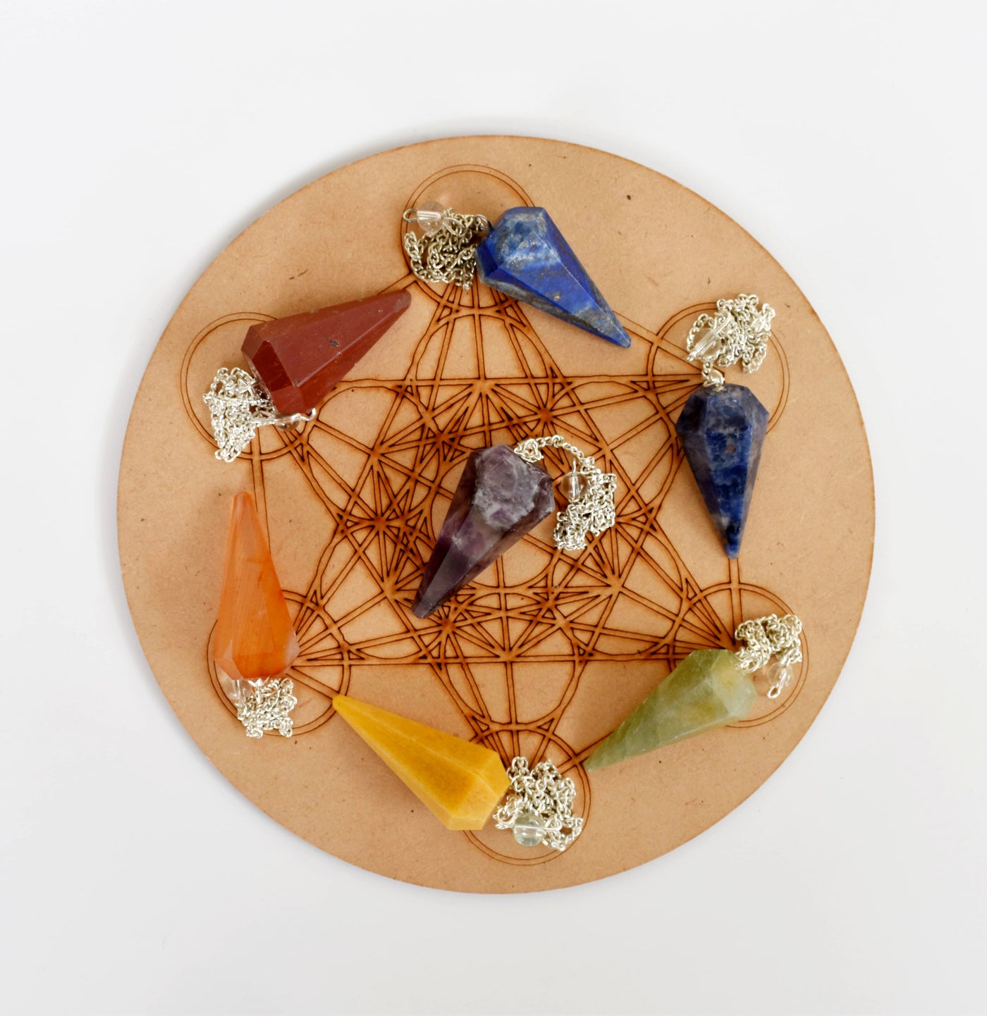 Seven Chakra Crystal Pendulum with Wooden Grid Plate, Selenite Log