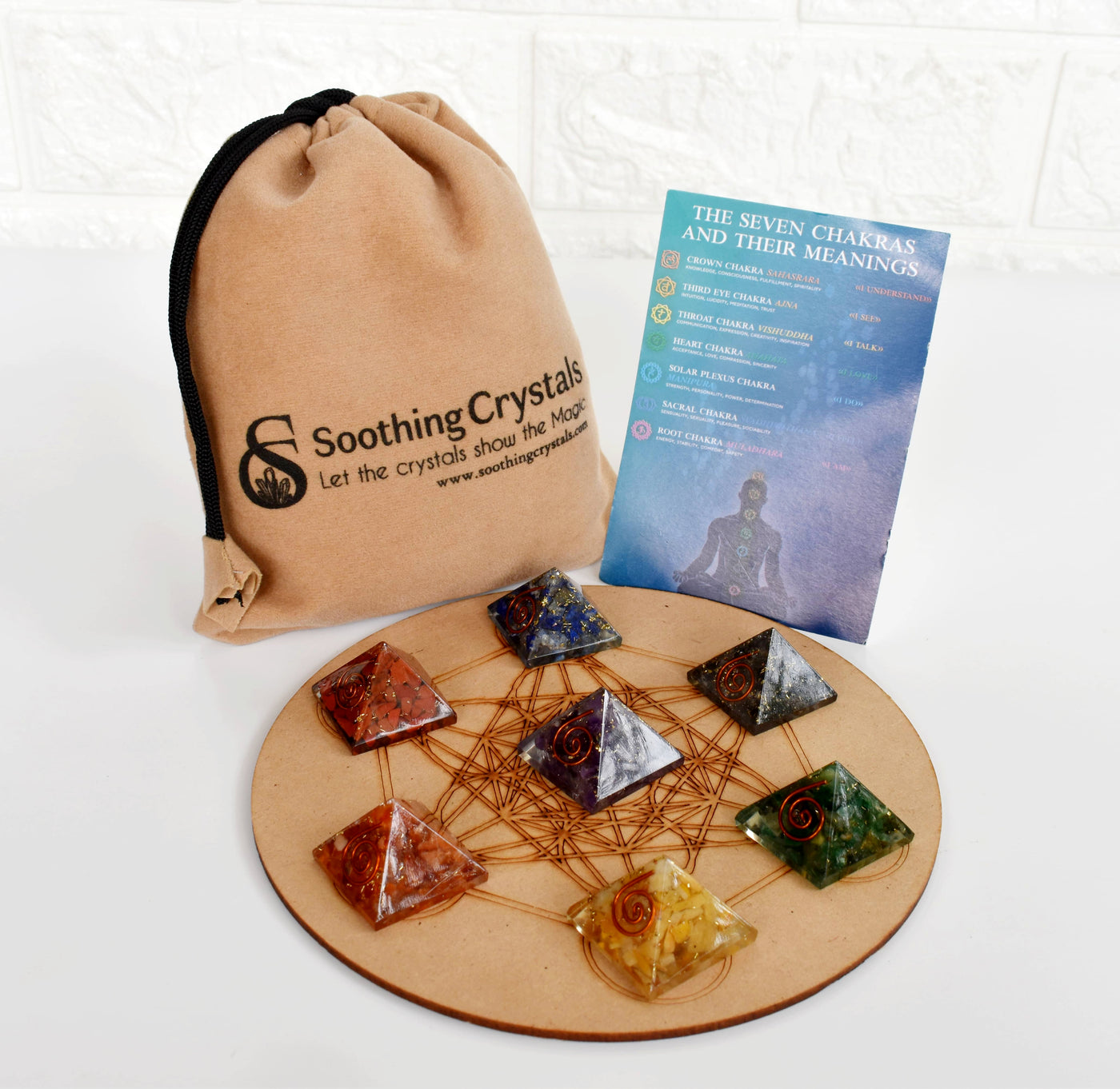 Chakra Crystals Orgone Pyramids Set, Wooden Grid Plate, Selenite Log