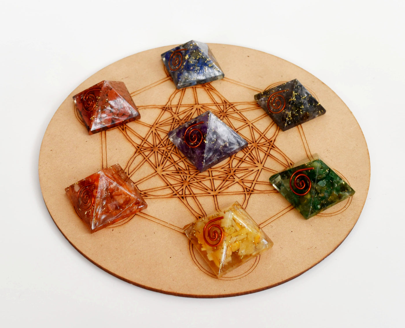 Chakra Crystals Orgone Pyramids Set, Wooden Grid Plate, Selenite Log