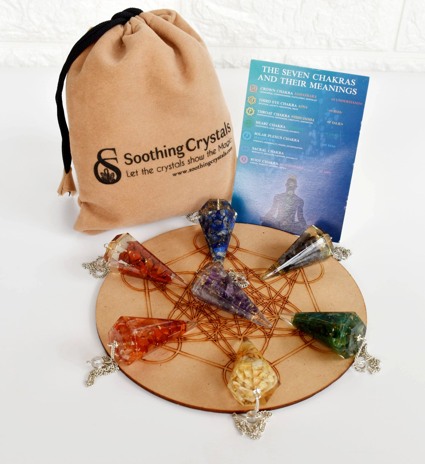 Chakra Crystals Orgone Pendulums Set, with Wooden Grid Plate, Selenite Log