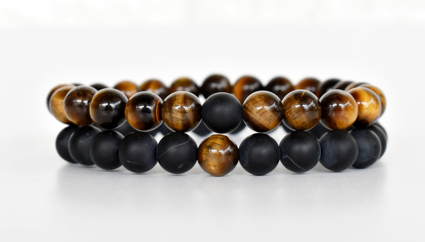 Tiger Eye Black Onyx Matt Couple Bracelets, Anniversary Gift (Focus and Creativity)