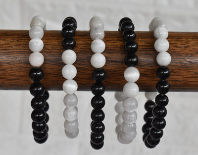 Yin Yang Balance Crystal Bracelet, Selenite, Black Tourmaline Crystal Healing Spiritual Support Balance